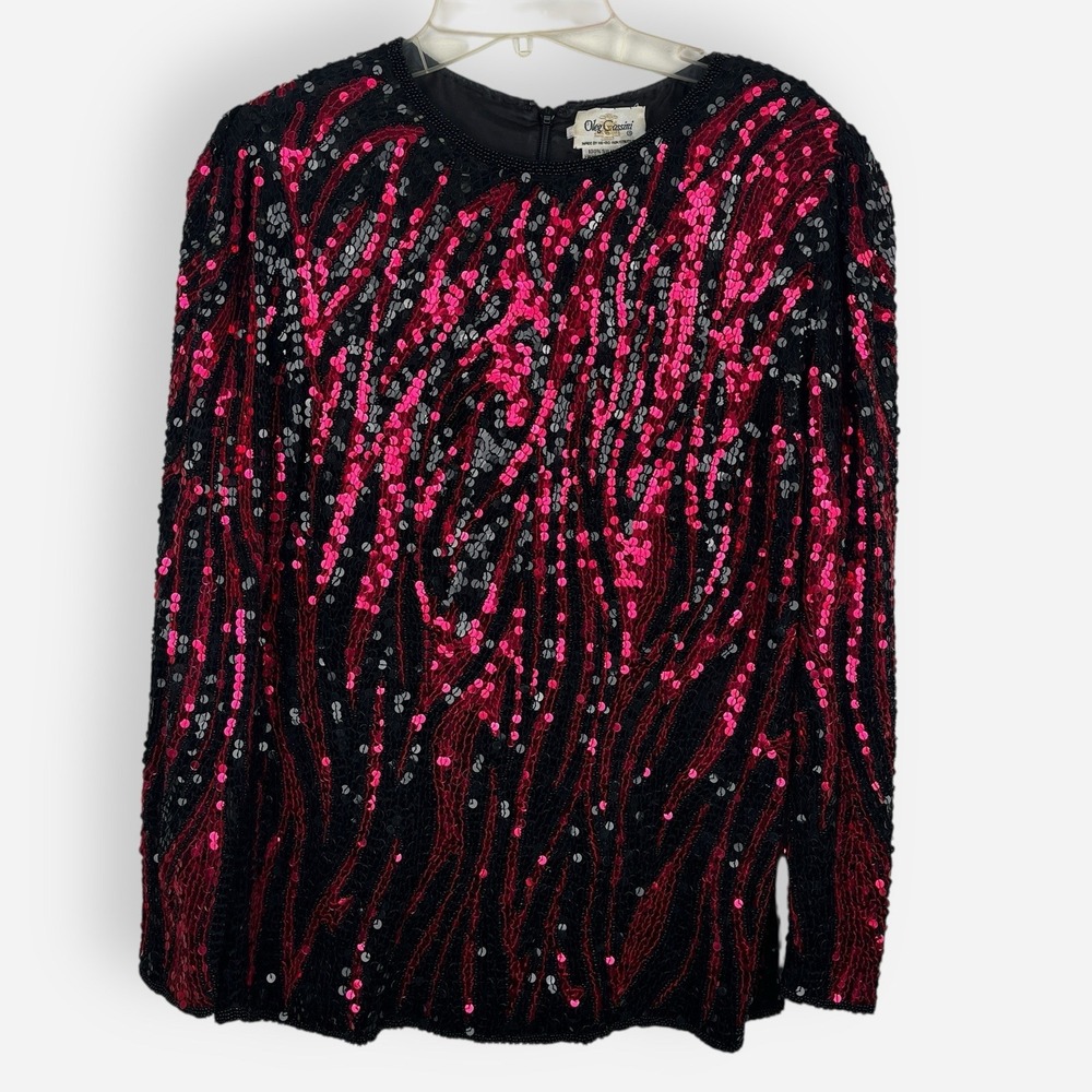 Vintage Oleg Cassini Black Tie‎ Beaded Sequin Silk Top Small Red